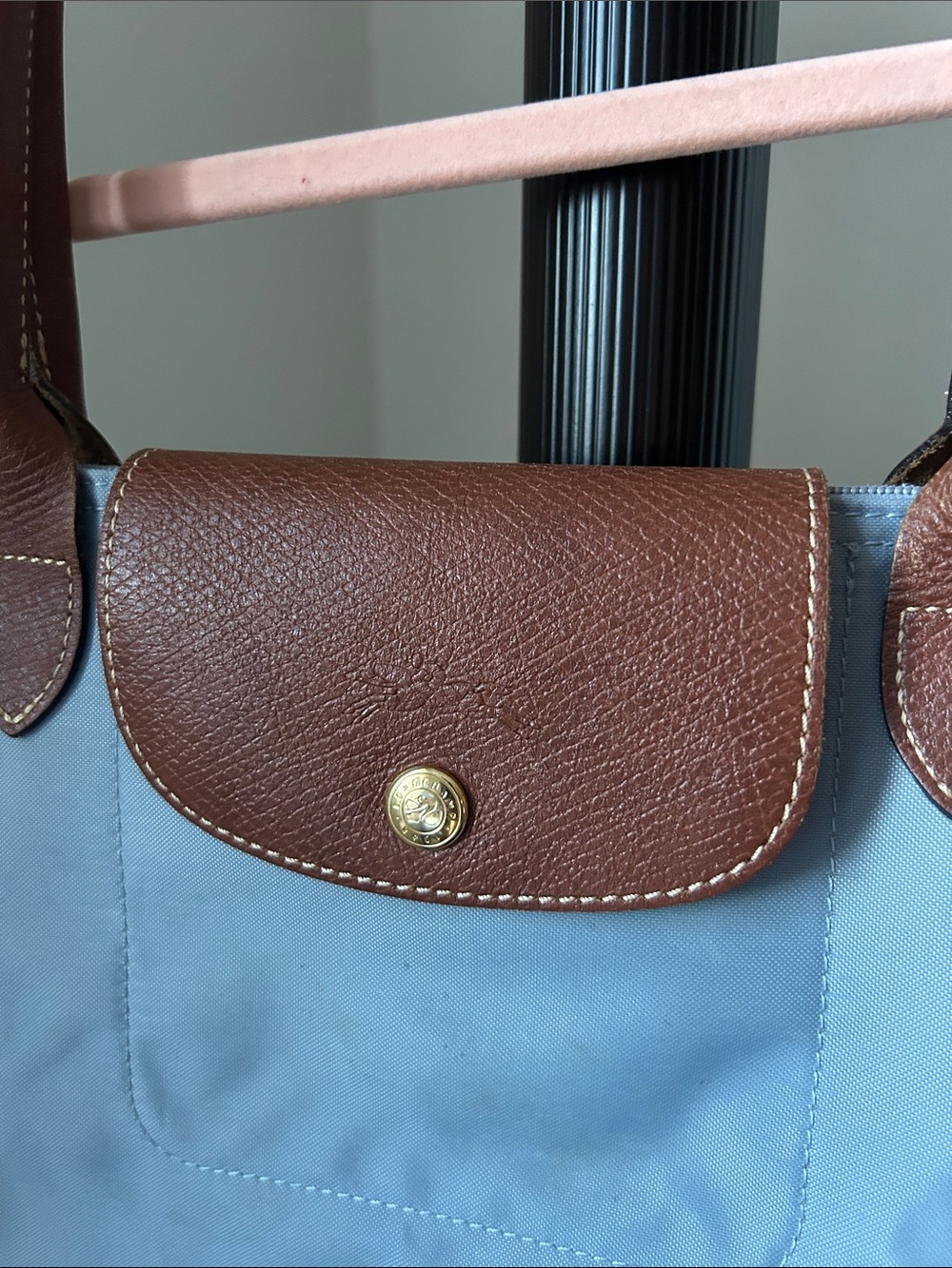 Longchamp Light Blue Nylon Tote with Brown Leather Trim - Picture 3 of 16